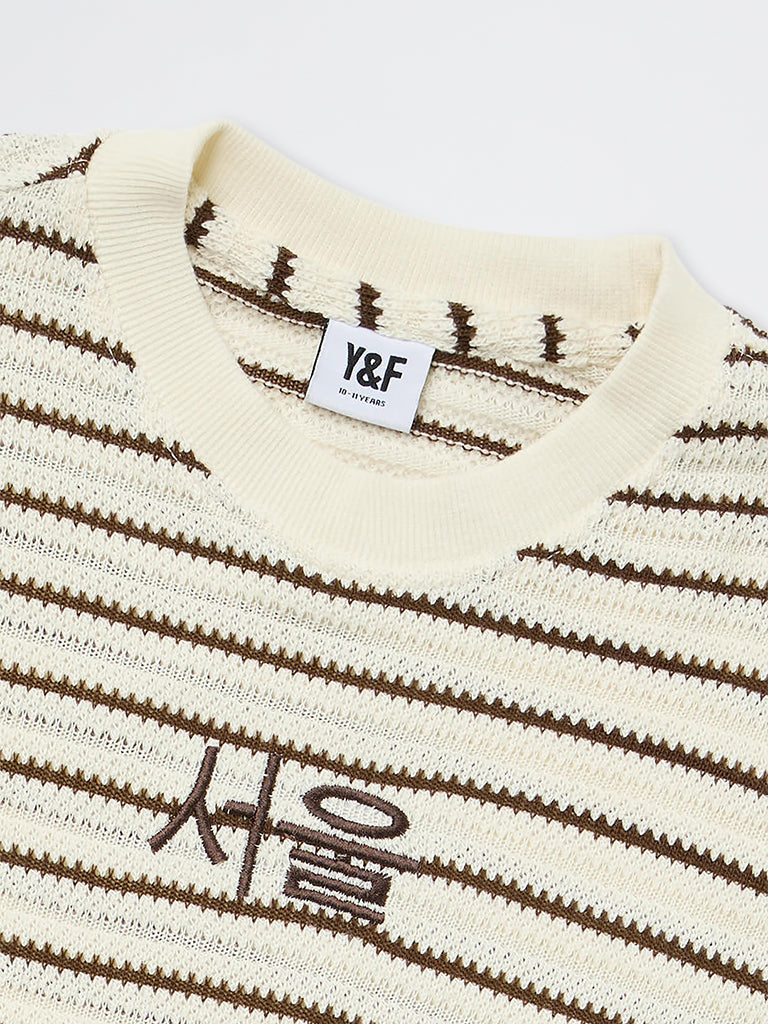 Boys Brown Striped Cotton-Blend T-Shirt
