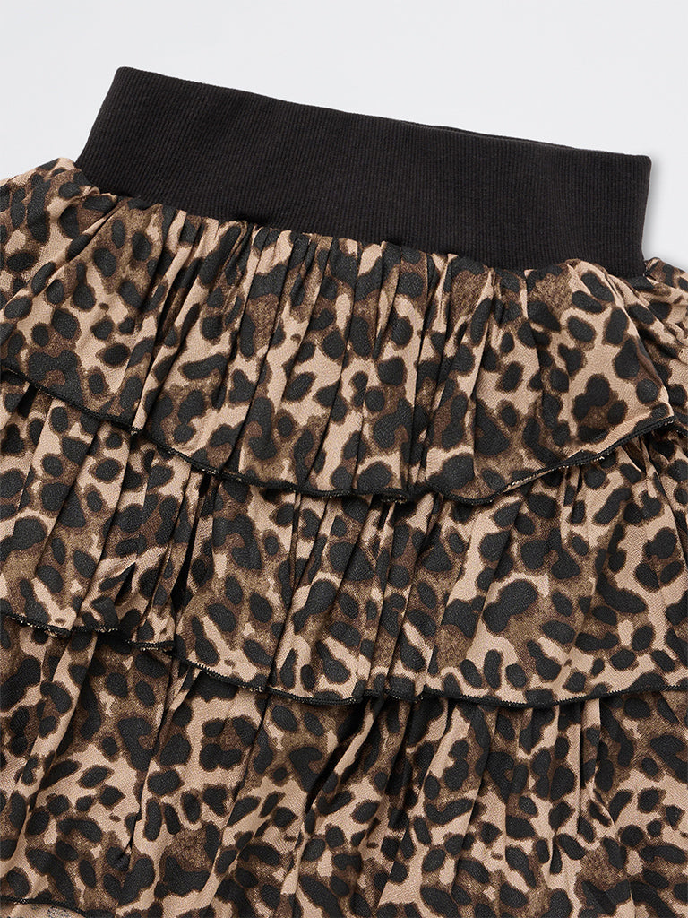 Girls Brown Animal Printed High-Rise Tiered Skirt