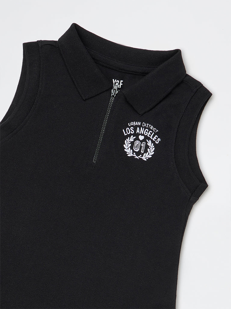 Girls Black Embroidered Cotton Tennis Dress