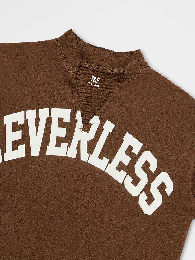 Girls Brown Text-Printed Cotton-Blend T-Shirt