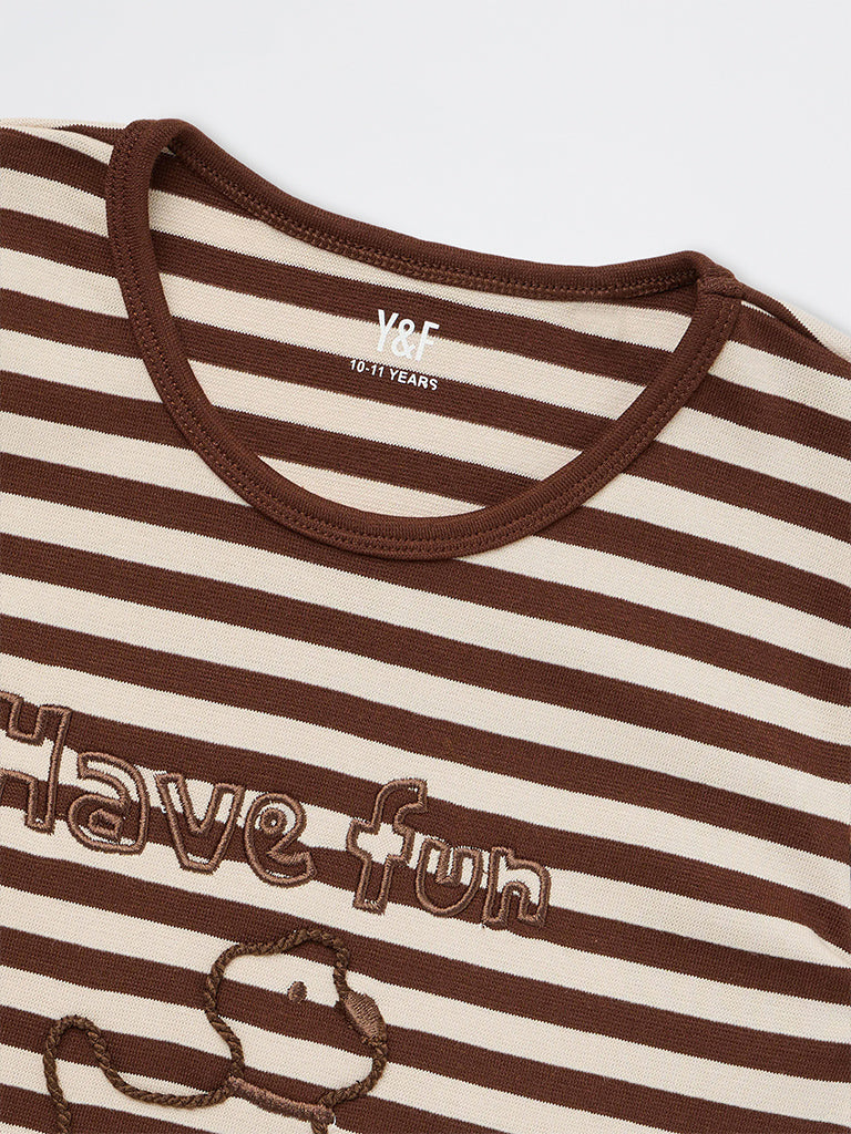 Girls Brown Striped Cotton-Blend T-Shirt