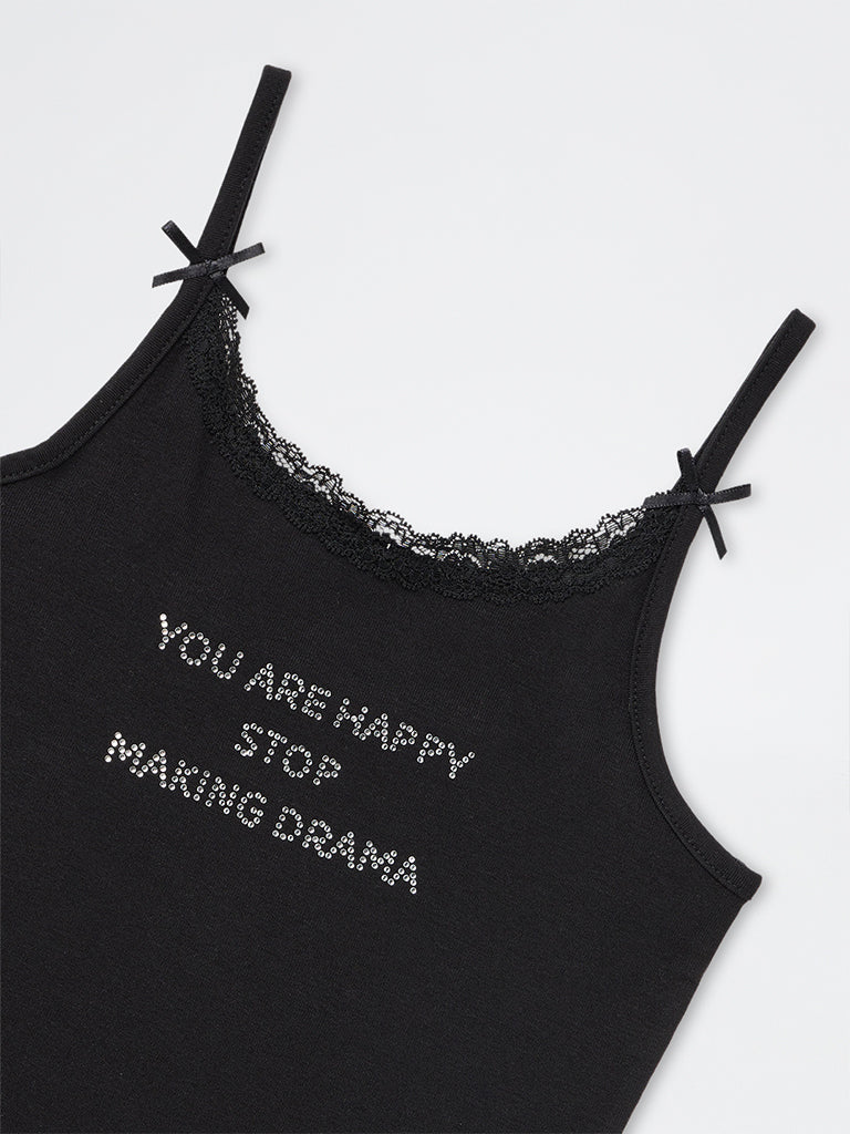 Girls Black Text-Detailed Cotton-Blend Top