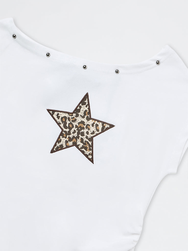 Girls White Star-Printed Cotton-Blend Top