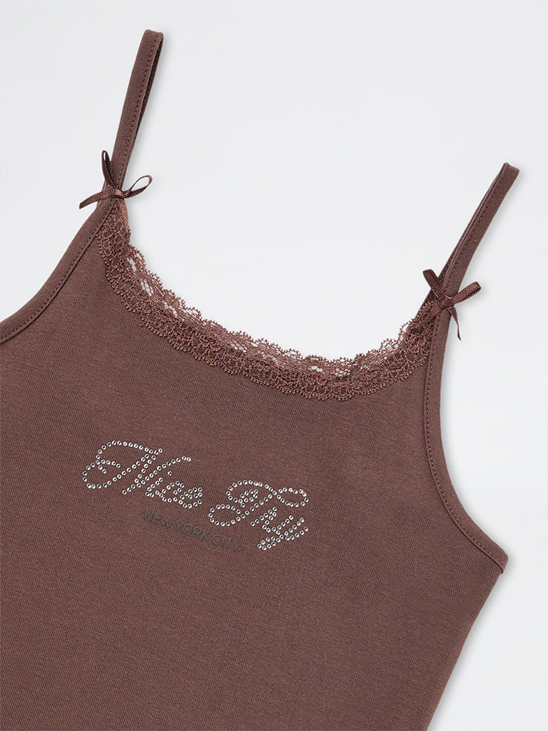 Girls Brown Text Embellished Cotton-Blend Top