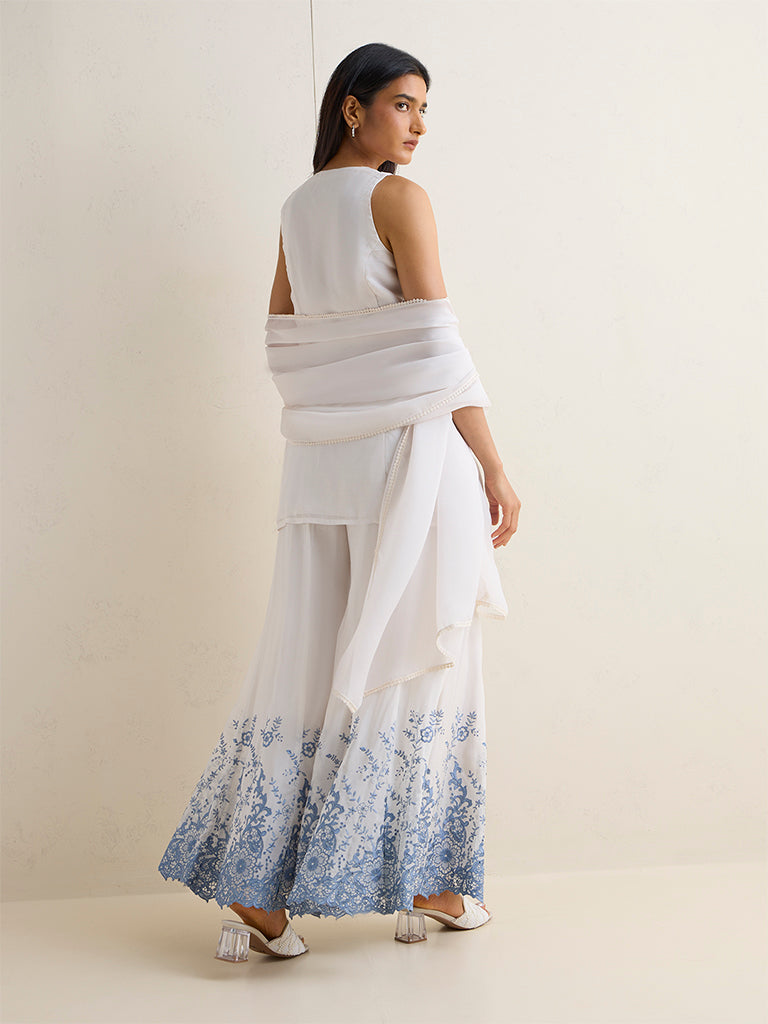 Vark White and Blue Floral Embroidered Straight Ethnic Set