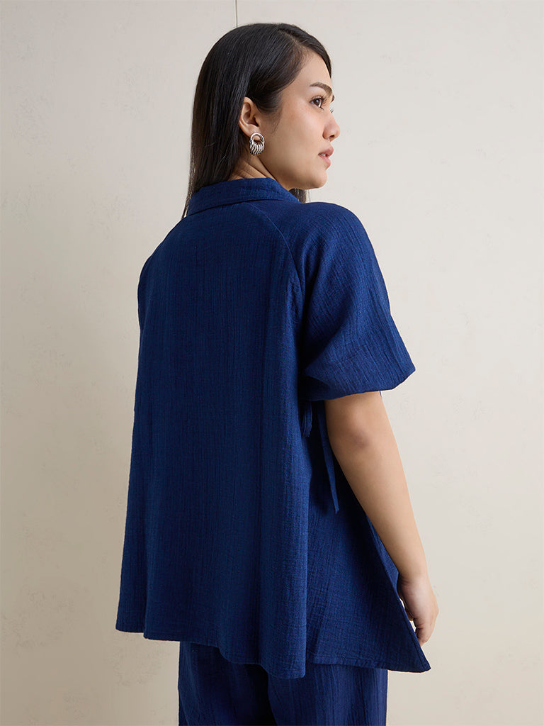 Gia Indigo Crinkle Textured Cotton Shirt