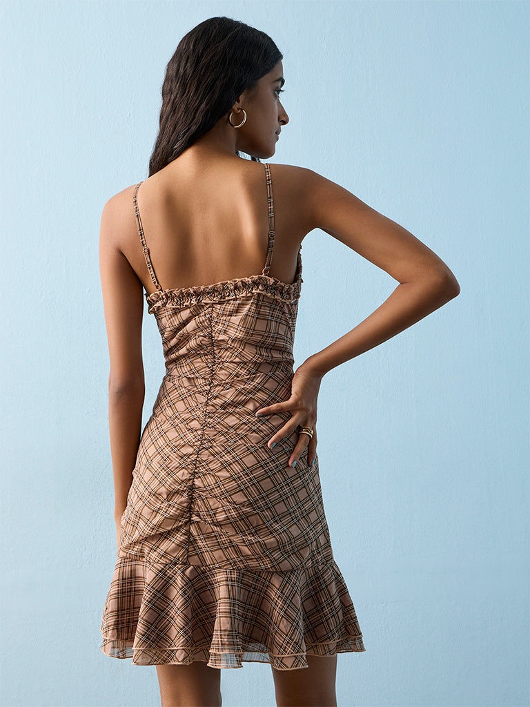Nuon Beige Checkered Ruched A-Line Dress