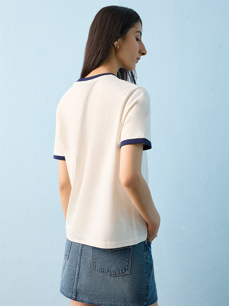 Nuon White Numerical Printed Cotton T-Shirt