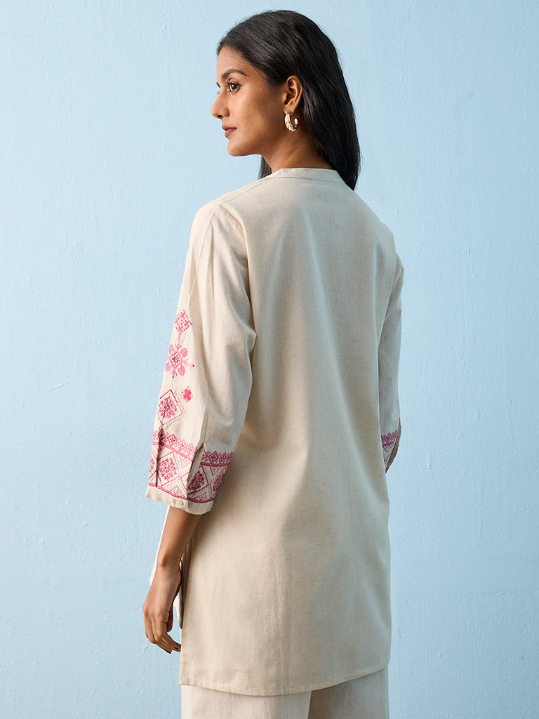 Utsa Light Beige Aztec Embroidered Cotton-Blend Tunic