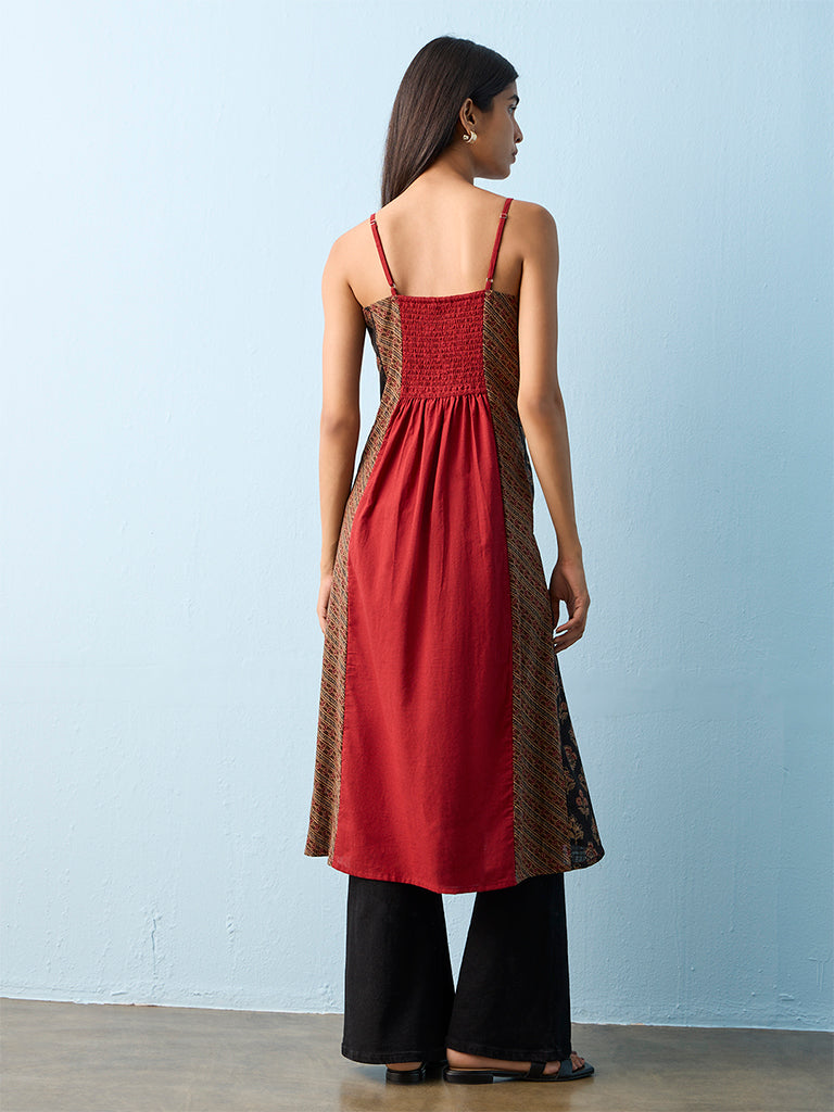 Utsa Red Floral Embroidered Cotton A-Line Kurta