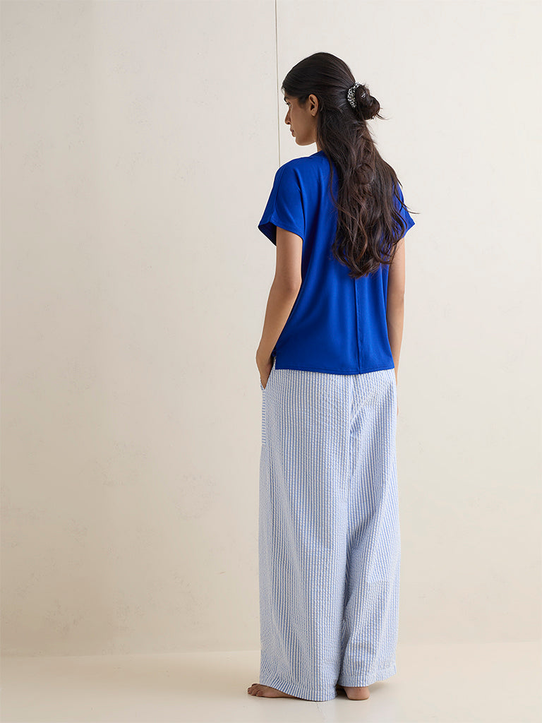 Wunderlove Blue Seersucker Striped High-Rise Cotton Pants