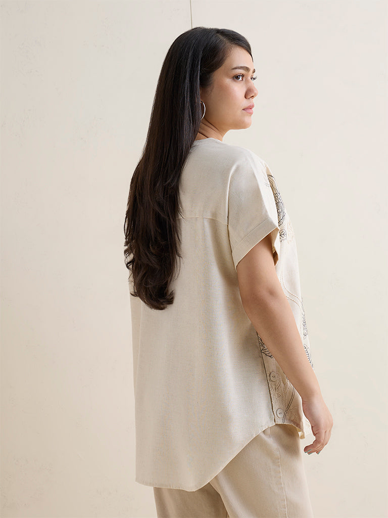 Gia Beige Floral Design Cotton-Blend Blouse