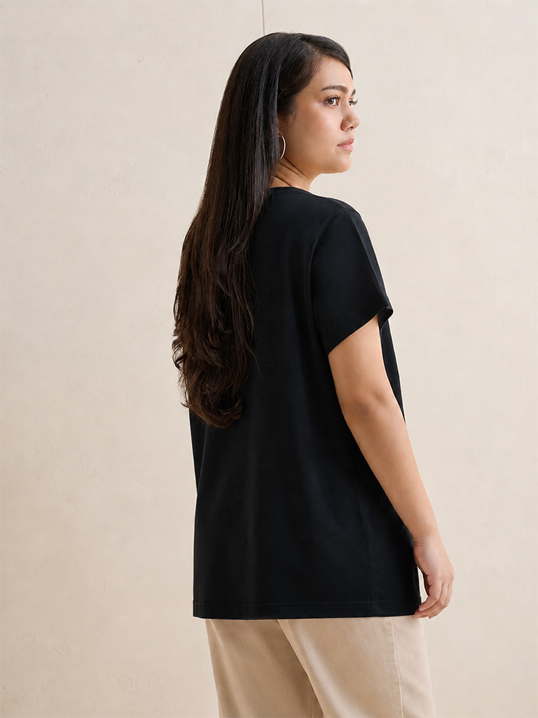 Gia Black Floral Embroidered Cotton T-Shirt