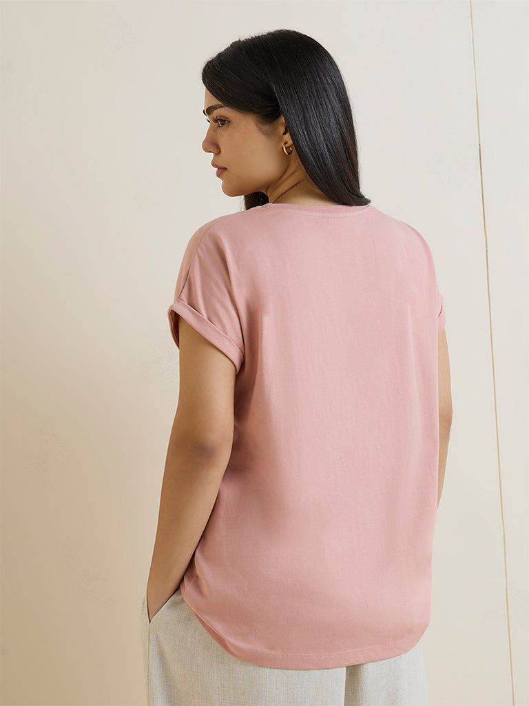 Gia Dusty Pink Botanical Print Cotton T-Shirt