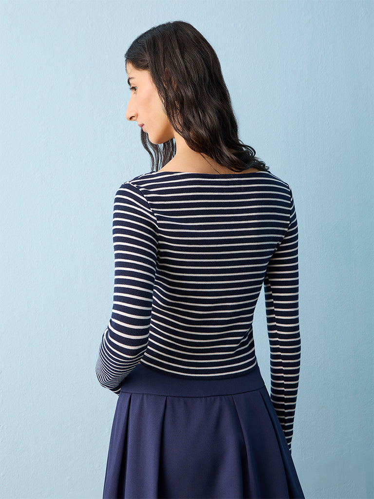 Nuon Navy Striped Cotton-Blend Cardigan