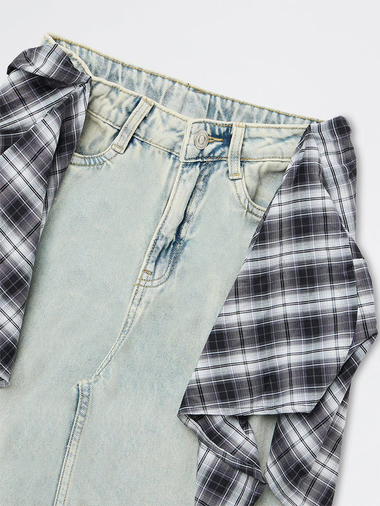 Girls Light Blue Checkered Wrap-Around Style High-Rise Jeans