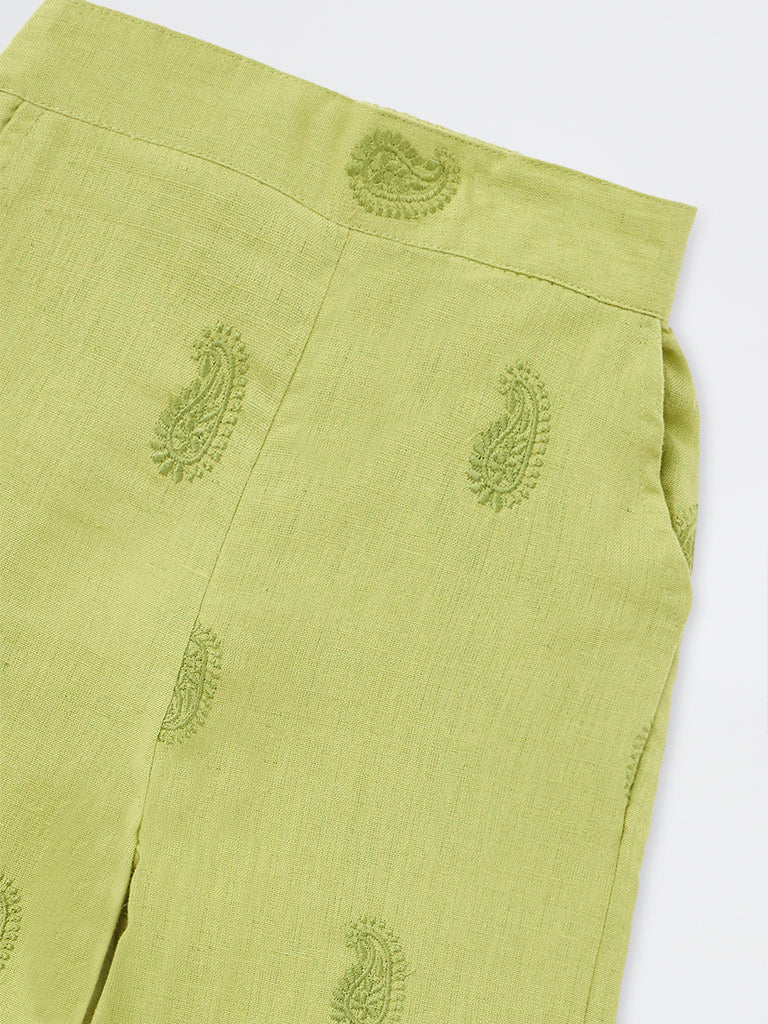 Utsa Kids Girls Green Paisley Embroidered Cotton-Blend Ethnic Pants (2-8 yrs)