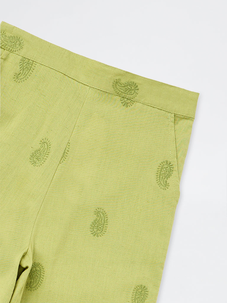 Utsa Kids Girls Green Paisley Embroidered Cotton-Blend Ethnic Pants (8-14 yrs)