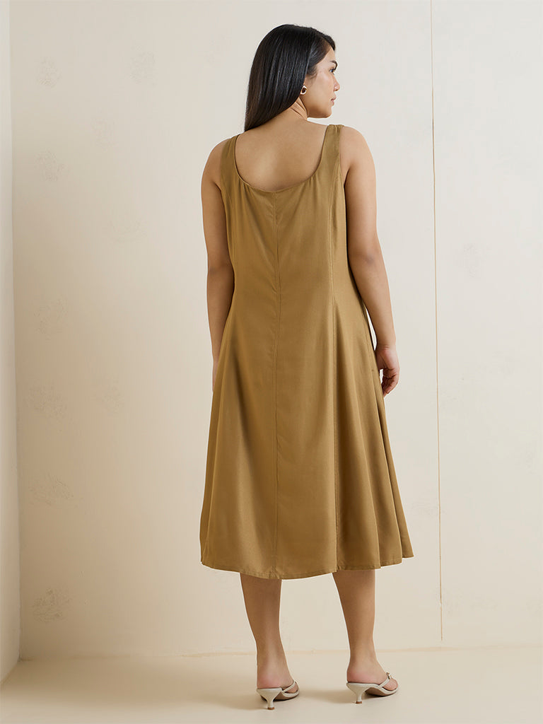 Gia Beige Solid A-Line Cotton Dress