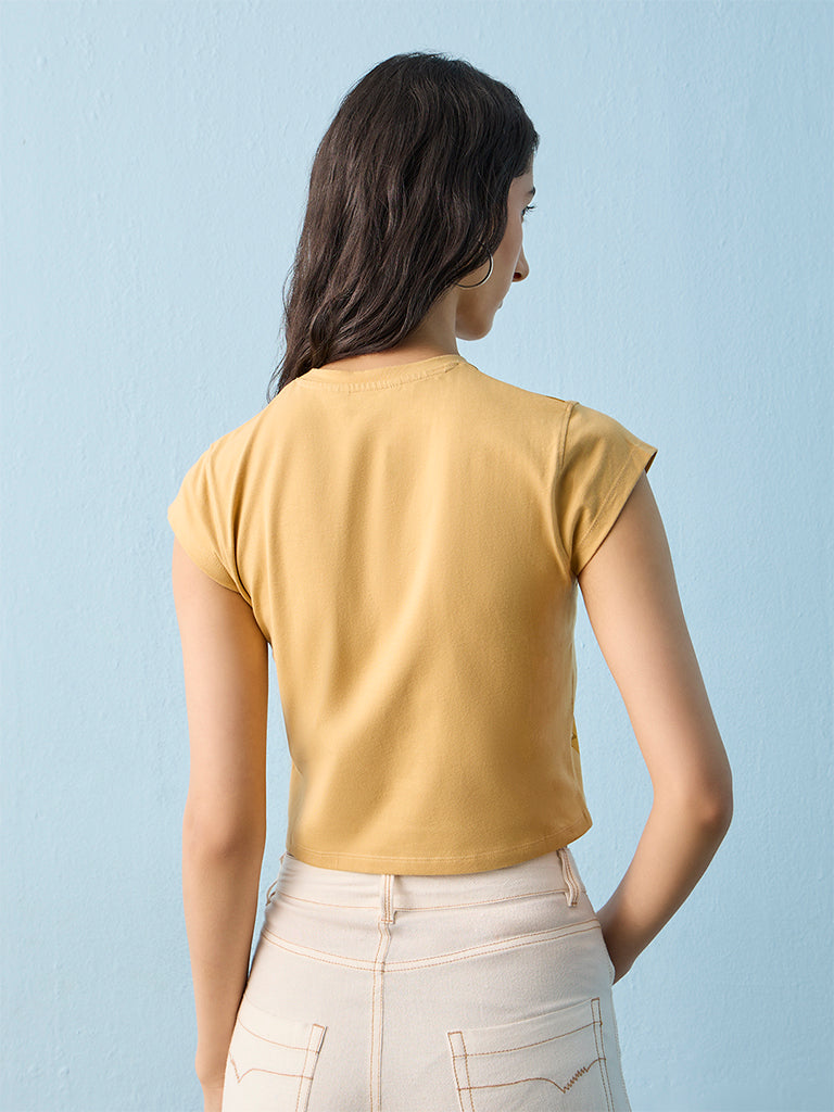 Nuon Mustard Floral Design Cotton-Blend T-Shirt