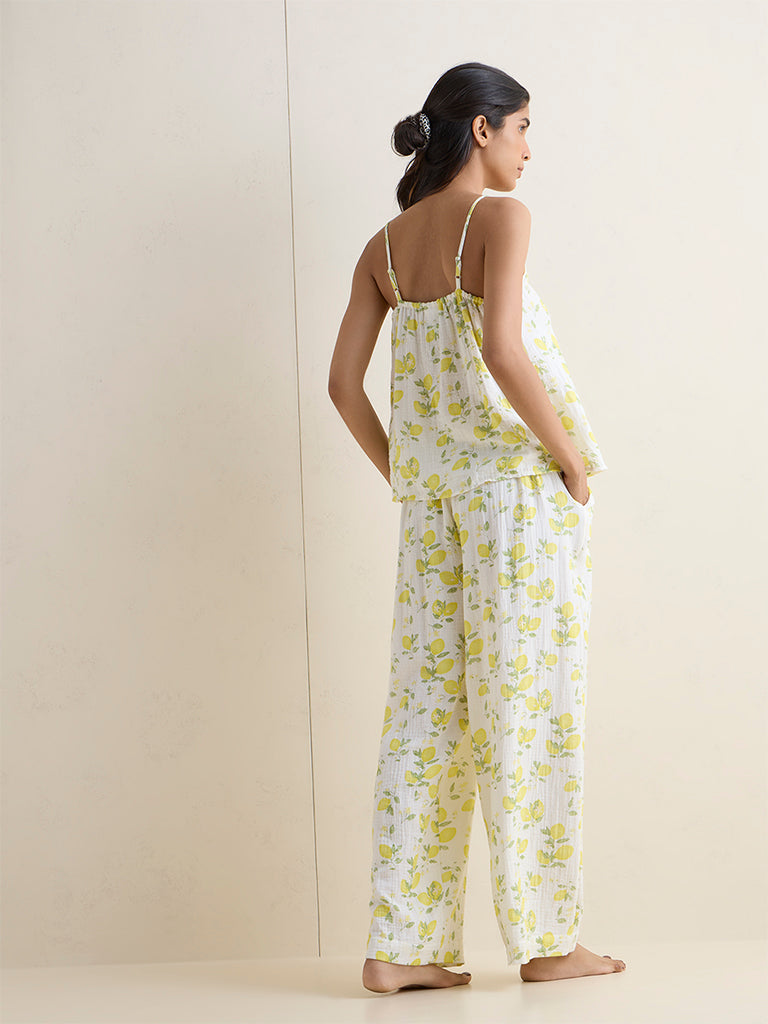 Wunderlove Ivory Floral Pattern Cotton Camisole and Pants Set