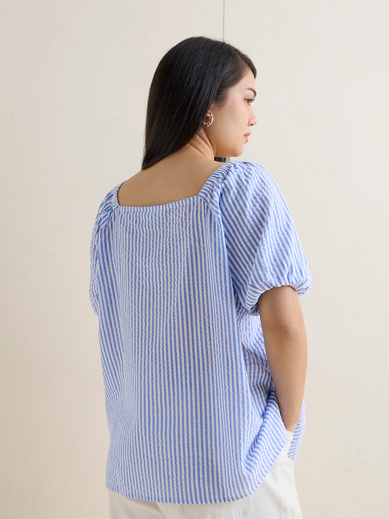 Gia Blue Seersucker Striped Cotton Top