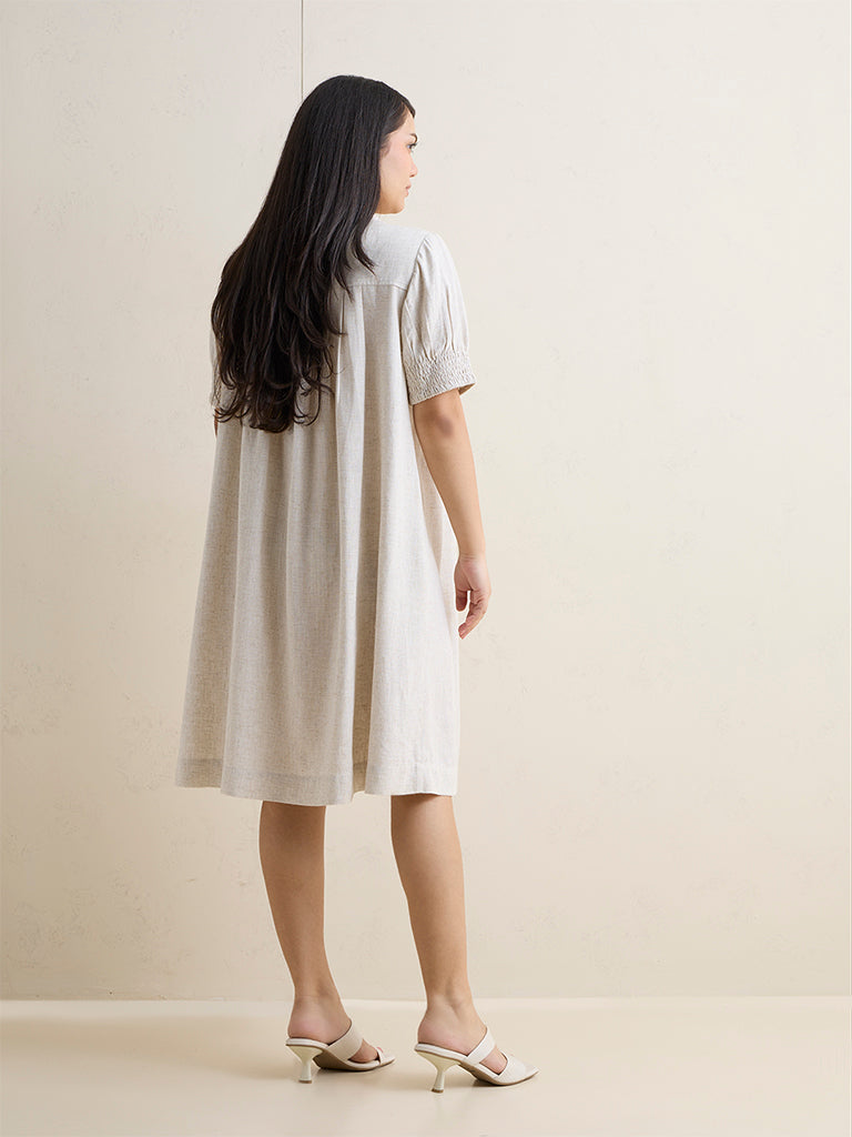 Gia Beige Solid A-Line Cotton Dress