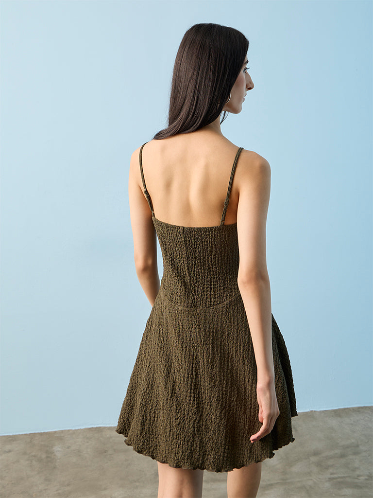 Nuon Olive Textured Lace-Up A-Line Dress