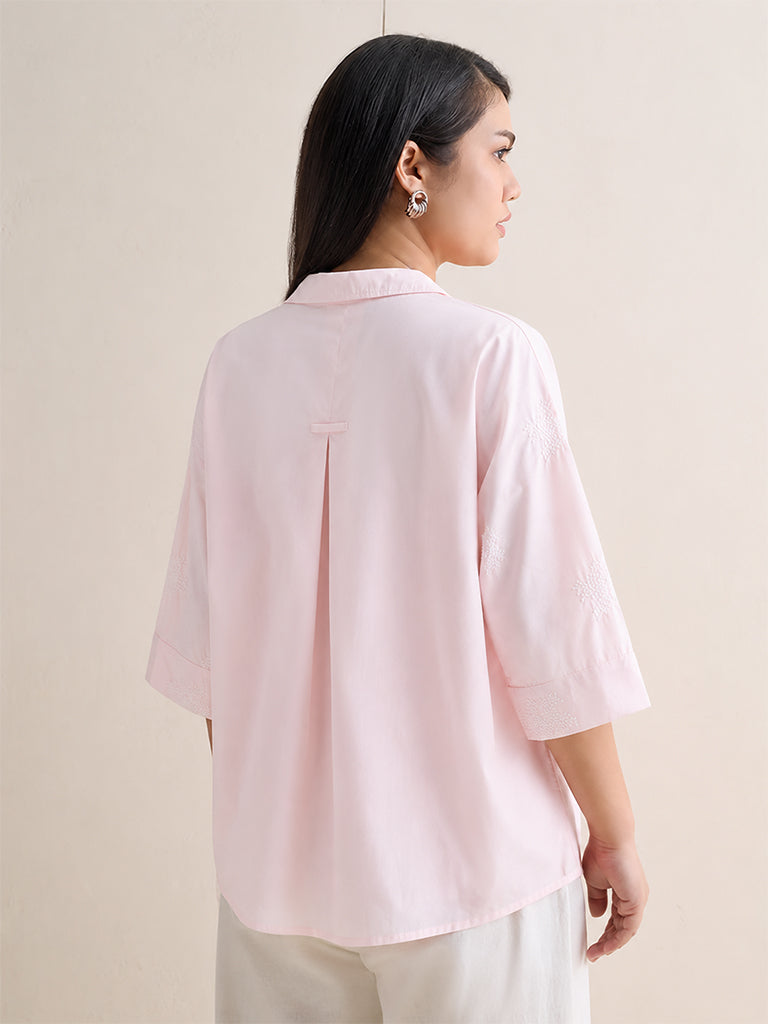 Gia Light Pink Floral Embroidered Cotton Shirt