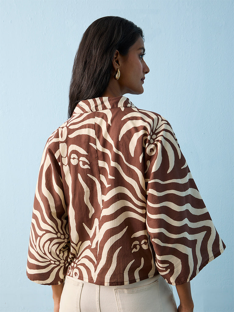 LOV Brown Wavy Abstract Printed Tie-Front Cotton Blouse