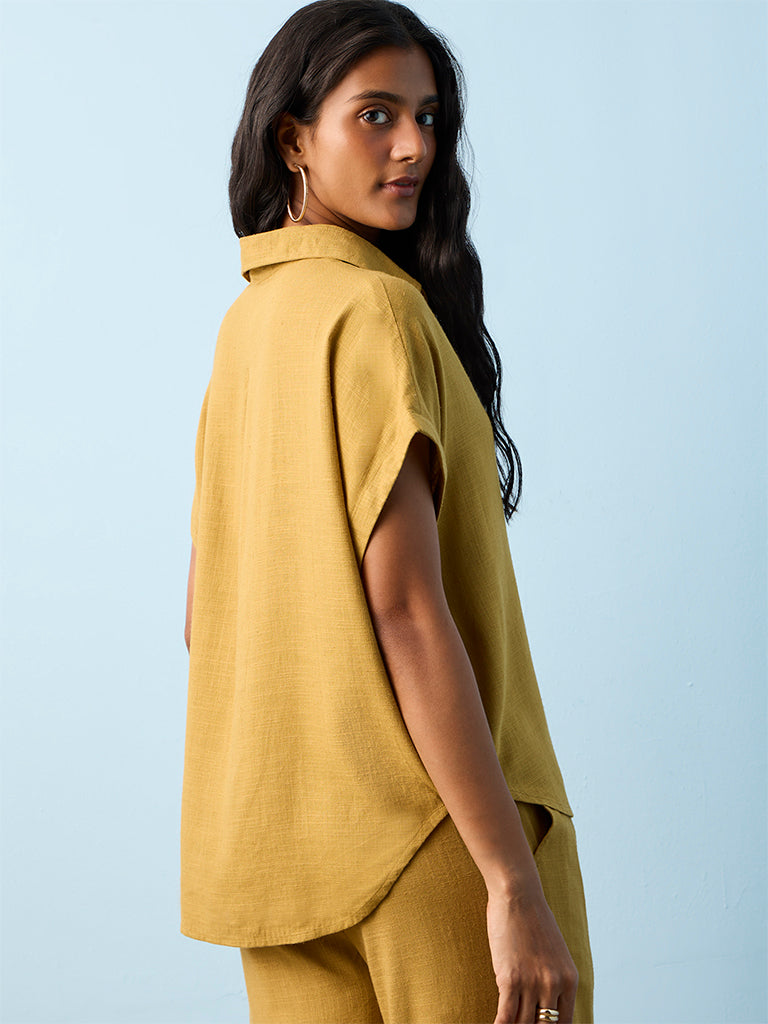 LOV Mustard Solid Cotton-Blend Shirt
