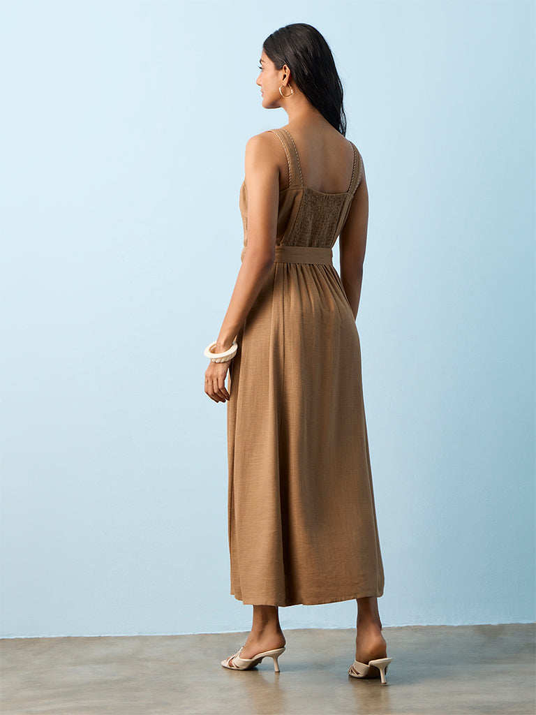 LOV Brown Solid A-Line Dress with Belt