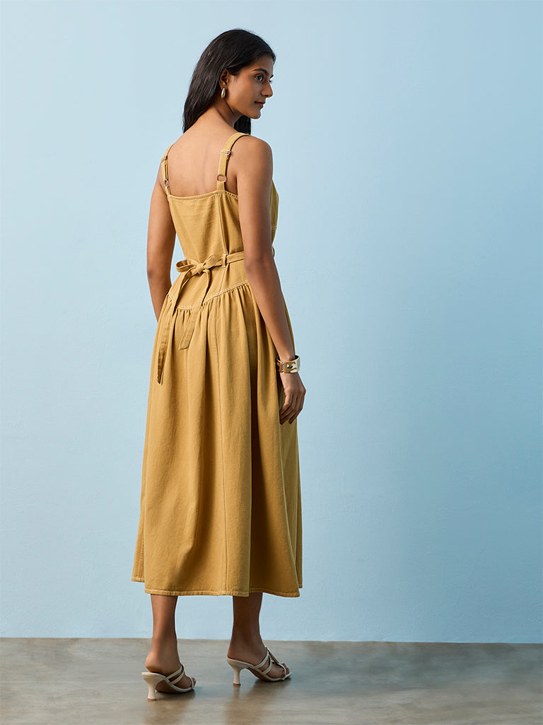 Utsa Khaki Solid Cotton A-Line Dress with Belt