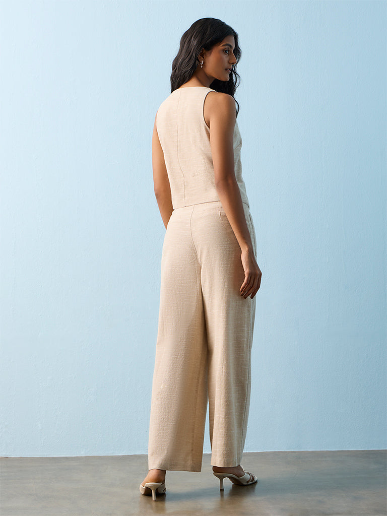 LOV Beige High-Rise Cotton-Blend Trousers with Belt