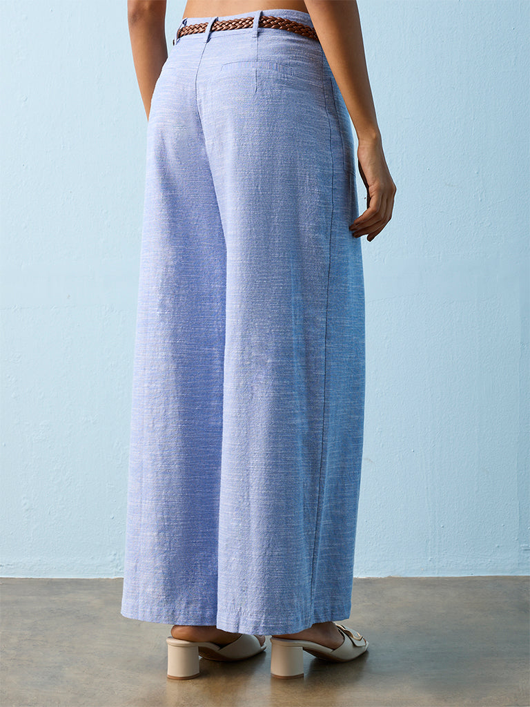 LOV Light Blue High-Rise Cotton-Blend Trousers with Belt