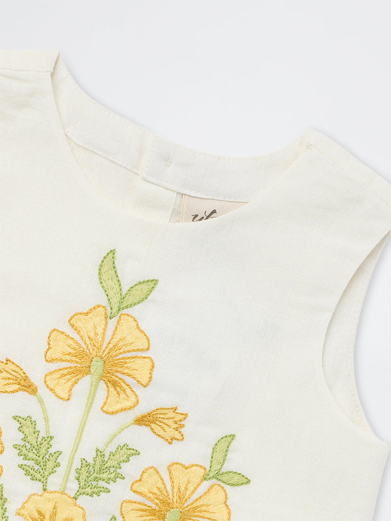 Utsa Kids Girls White Floral Embroidered Cotton-Blend Top - (2-8 yrs)