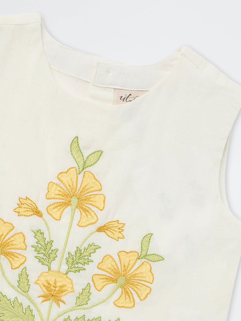 Utsa Kids Girls White Floral Embroidered Cotton-Blend Top - (8-14 yrs)