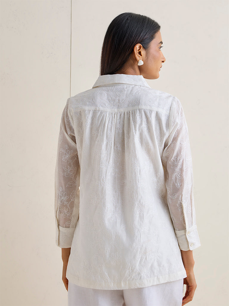 Zuba Off-White Floral Embroidered Cotton-Blend Tunic