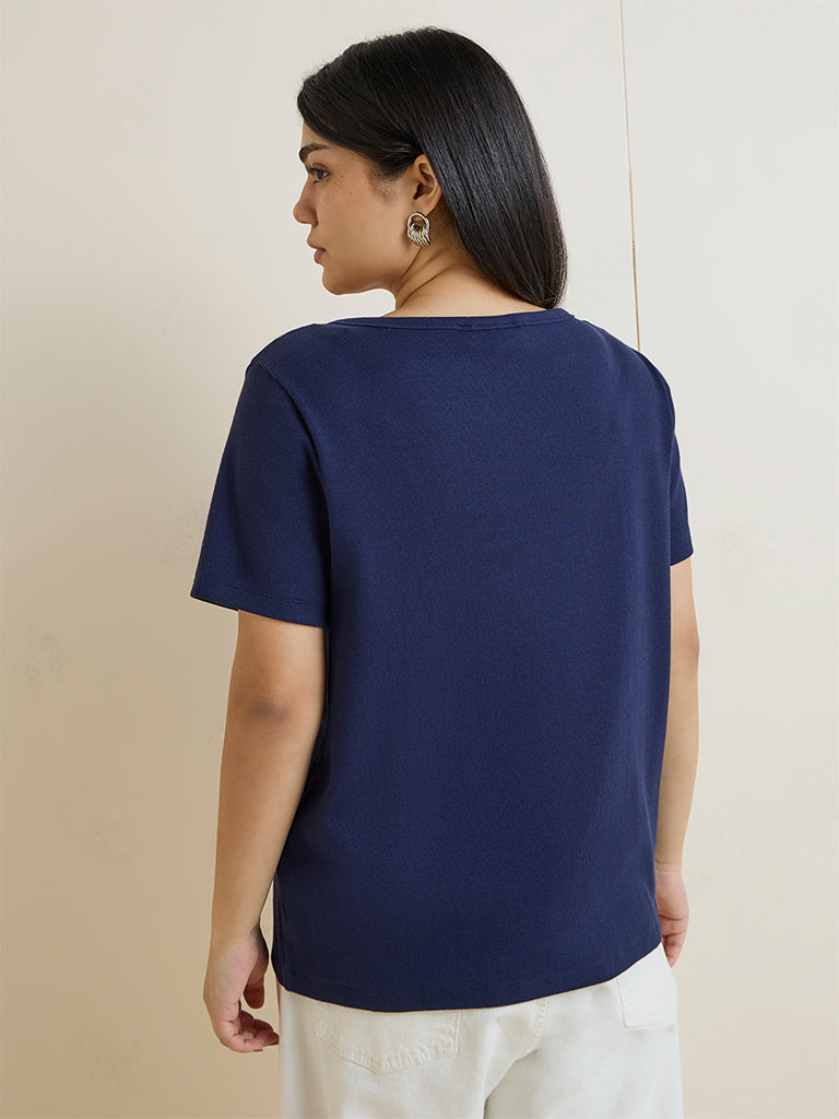Gia Navy Cotton-Blend Henley T-Shirt