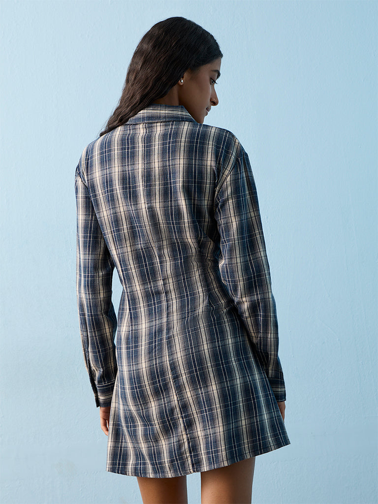 Nuon Navy Checkered Cotton Shirt Dress