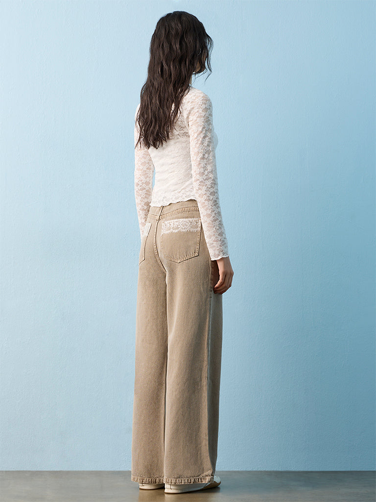 Nuon Taupe Lace Detail High-Rise Jeans