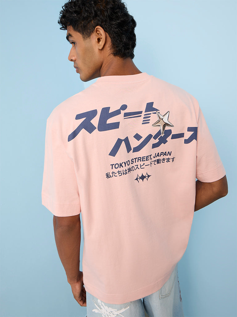 Nuon Light Pink Japanese-Text Printed Relaxed-Fit Cotton T-Shirt