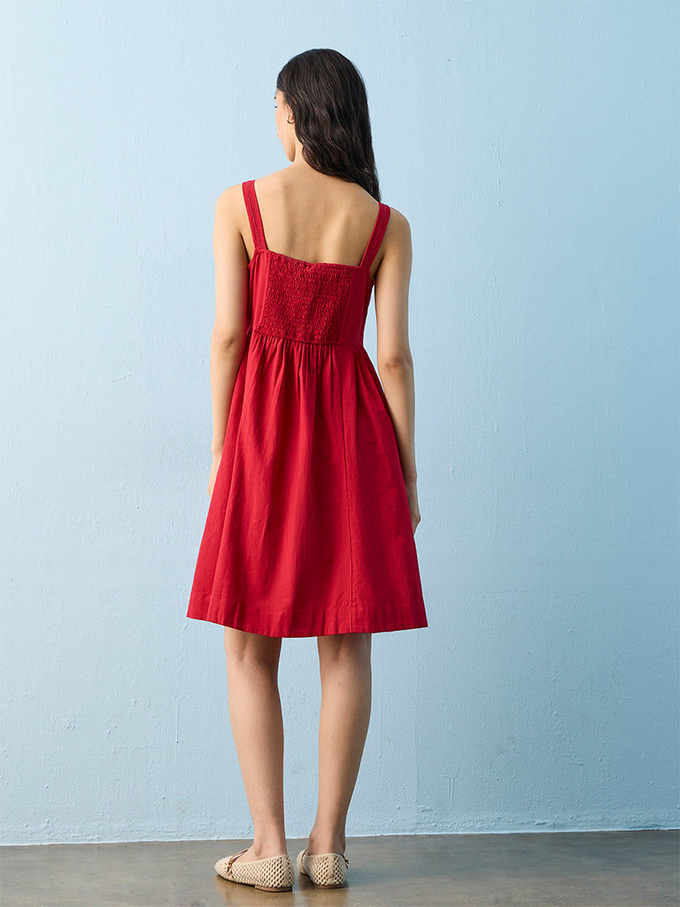 Bombay Paisley Red Schiffli Embroidered Cotton-Blend A-Line Dress