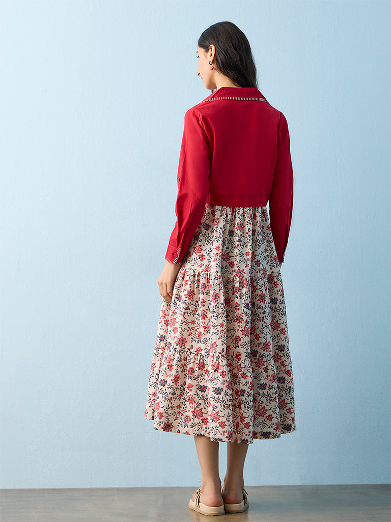 Bombay Paisley White Floral Pattern Cotton A-Line Dress with Jacket