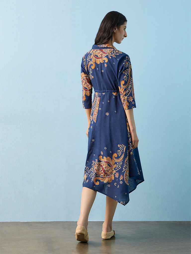 Bombay Paisley Navy Paisley Design Cotton High-Low Dress
