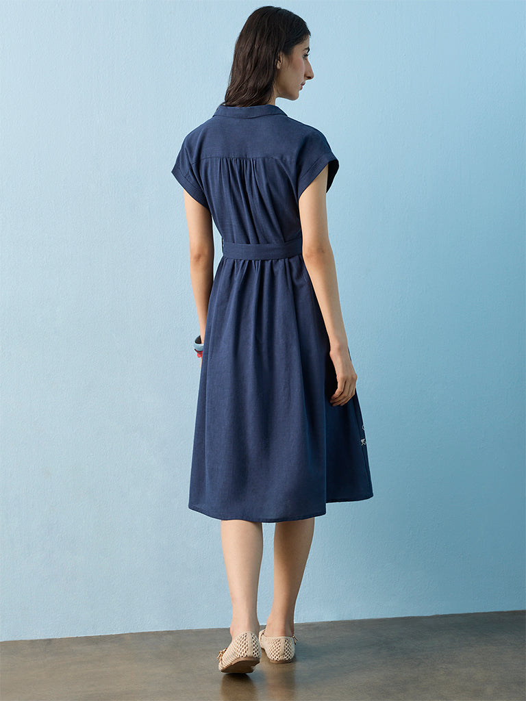 Bombay Paisley Navy Embroidered Cotton Shirt Dress