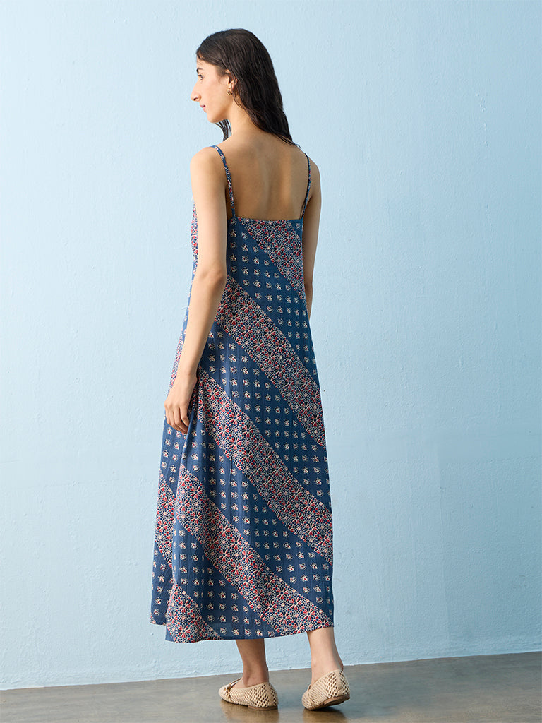 Bombay Paisley Blue Floral Printed Cotton A-Line Dress