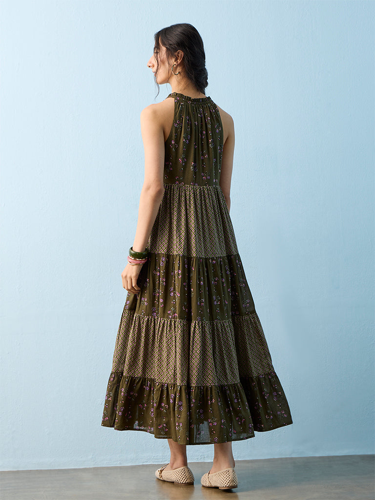 Bombay Paisley Green Floral Printed Cotton-Blend Tiered Dress