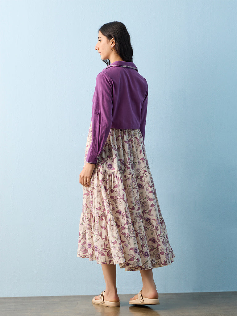 Bombay Paisley Off-White Floral Printed Cotton Tiered Dress with Jacket