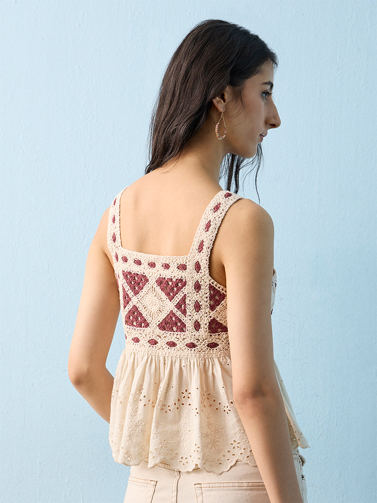 Bombay Paisley Off-White Crochet Embroidered Peplum Cotton Top